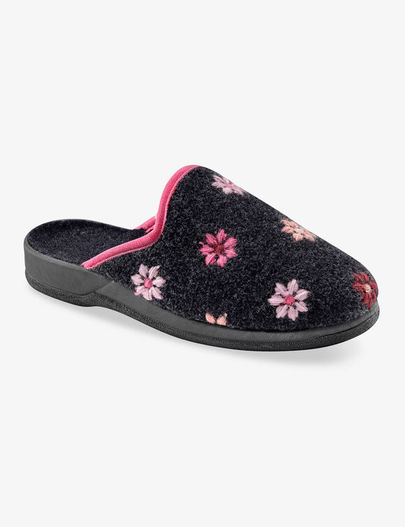 Chaussons mules - brodés fleurs (anthracite) Chaussons mules - brodés fleurs (anthracite)